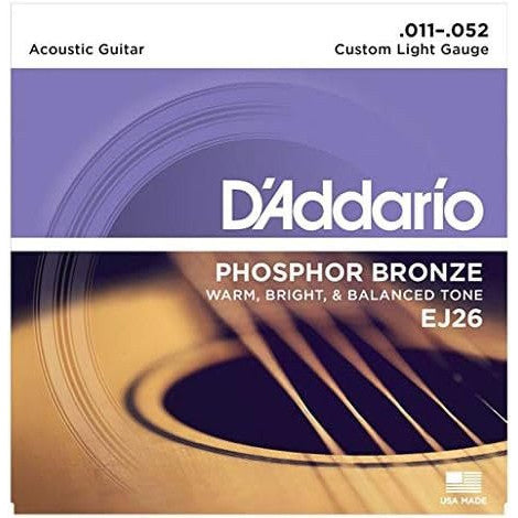 D'Addario EJ26 Phosphor Bronze Strings - Custom Light (11-52) - With 6 Free Plectrums
