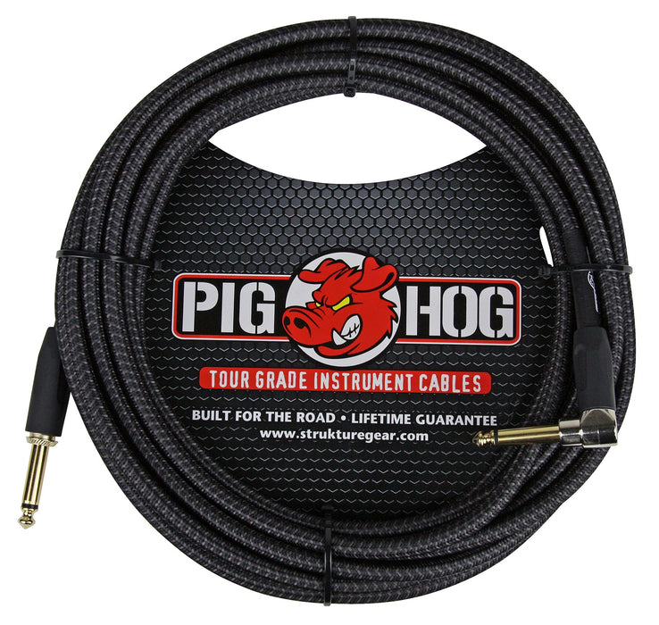 Pig Hog Right-Angle 1/4" to 1/4" Black Woven Guitar Instrument Cable - 20 Feet (PCH20BKR)