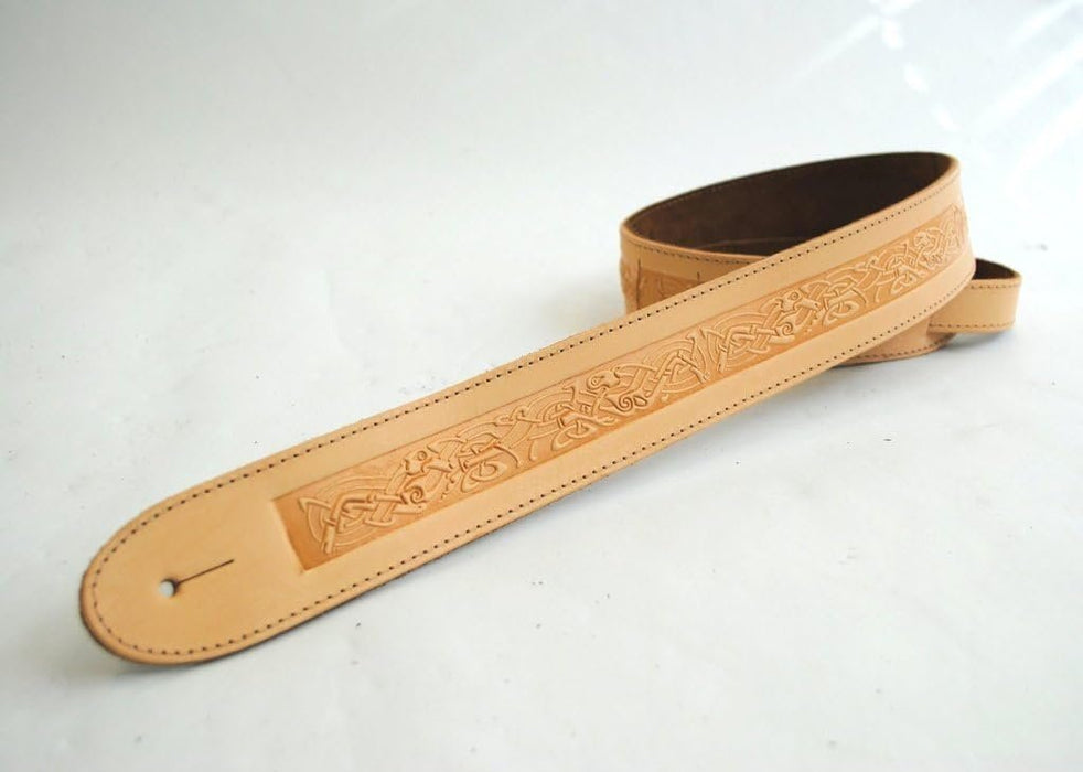 Leathergraft Natural Cream Real Leather Celtic Dog Design Acoustic Electric Bass Guitar Strap with Reinforced Leather Strap Ends