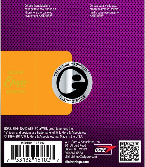 Elixir Phosphor Bronze Nanoweb 16102 Medium 13-56 Acoustic Guitar Strings 3-Pack w/Bonus Elixir Pick