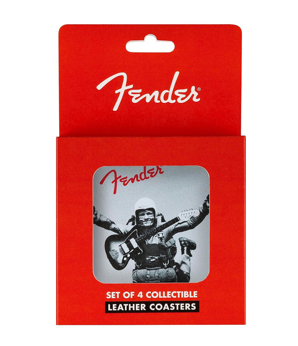 Fender Vintage Ads Leather Drink Coaster Set, 4 Pack, Black and White, Gift for Guitar Fans
