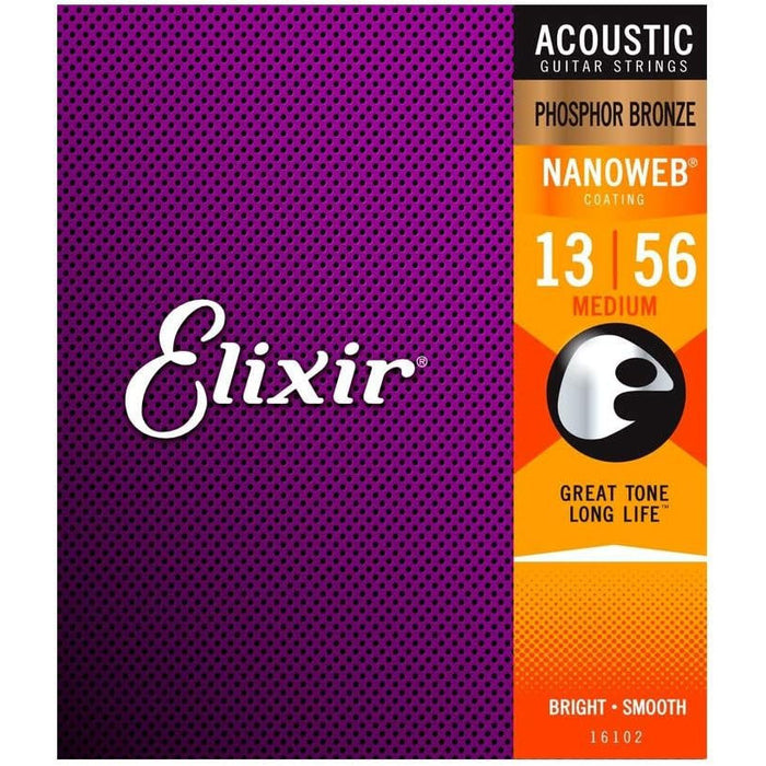 Elixir Phosphor Bronze Nanoweb 16102 Medium 13-56 Acoustic Guitar Strings 3-Pack w/Bonus Elixir Pick