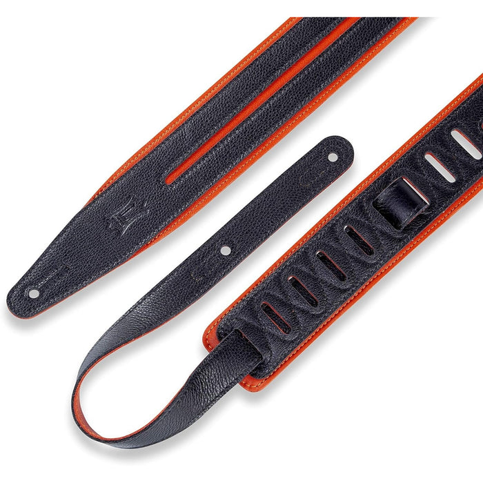 Levy's Leathers 2.5" Garment Leather Guitar Strap Double Racing Stripe Design; Black and Orange (MG317DRS-ORG_BLK)