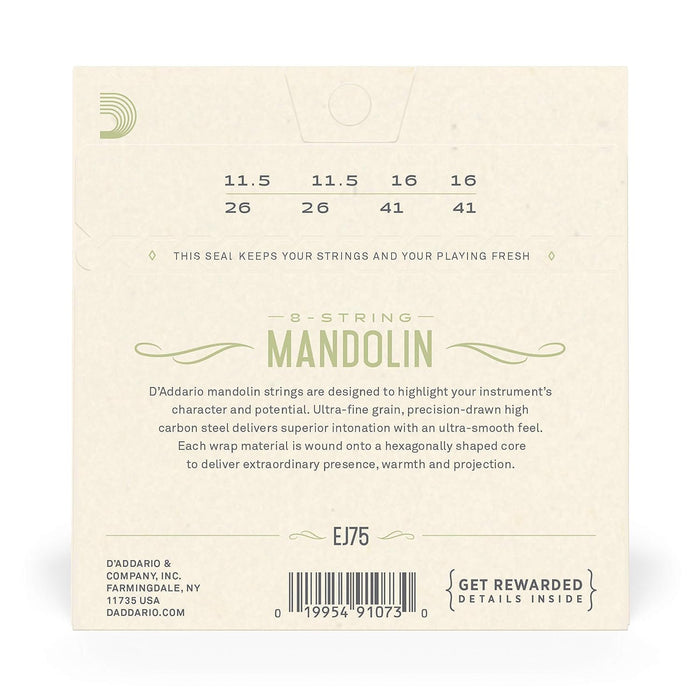 D'Addario Mandolin Strings, Phosphor Bronze, EJ75, Medium/Heavy Gauge 11.5-41, 8-String Set, Pack of 1
