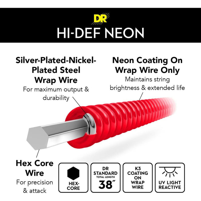 DR Strings Hi-Def Neon Red Electric Guitar Strings - Heavy