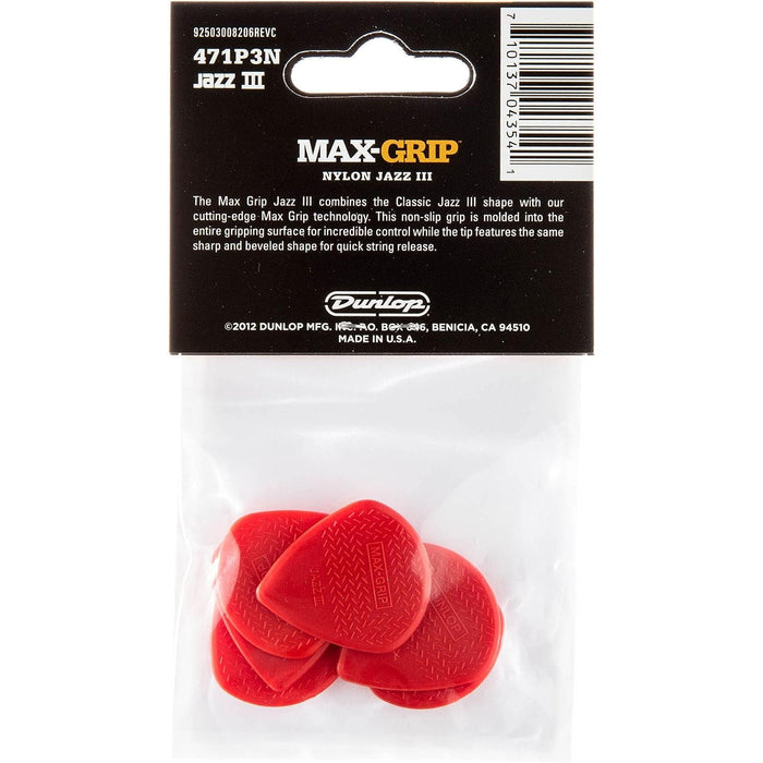 Jim Dunlop 471P3N Jz-6 Nylon Max Grip Guitar Pick in Player Pack