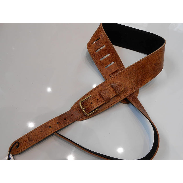 LEATHERGRAFT UK MADE BROWN PRO DELUXE ROAD WORN DISTRESSED LEATHER GUITAR STRAP WITH BUCKLE - ACOUSTIC, ELECTRIC OR BASS GUITAR