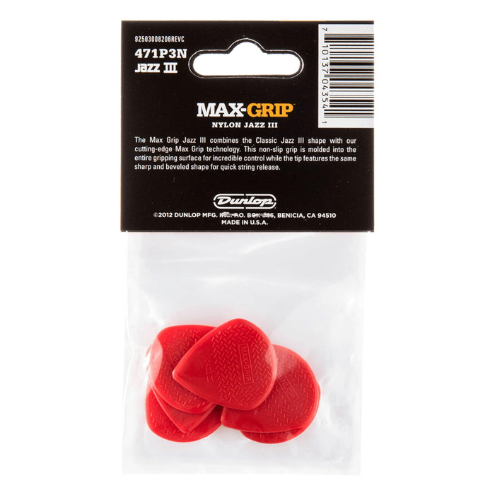 Dunlop Nylon Max Grip Jazz III Picks, Player's Pack, Pack of 6, Red, 1.38 mm