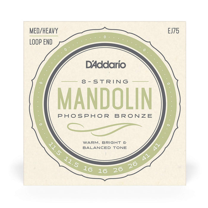 D'Addario Mandolin Strings, Phosphor Bronze, EJ75, Medium/Heavy Gauge 11.5-41, 8-String Set, Pack of 1