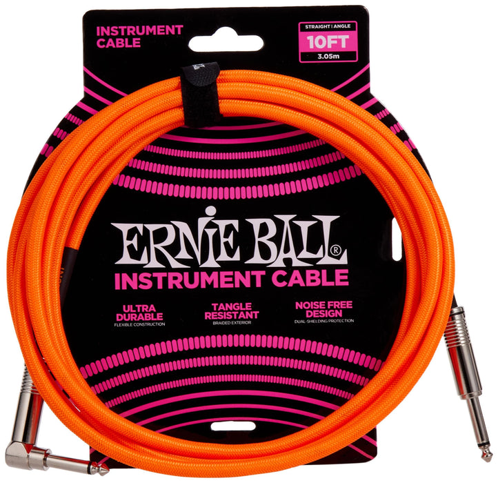 Ernie Ball 10 ft Braided Straight Angle Instrument Cable - Neon Orange
