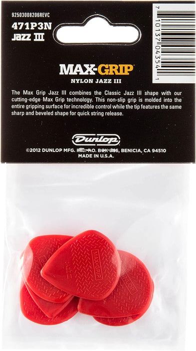 Jim Dunlop 471P3N Jz-6 Nylon Max Grip Guitar Pick in Player Pack