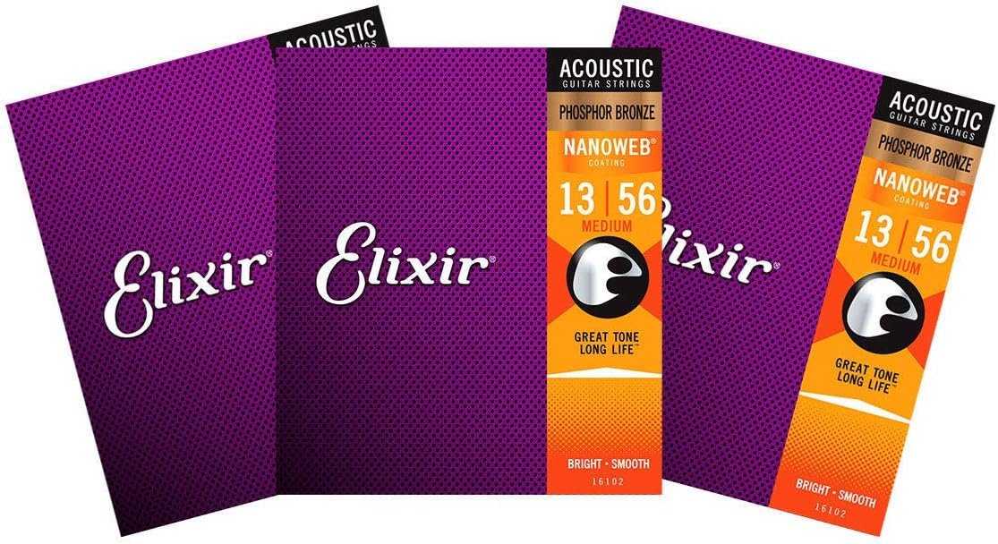 Elixir Phosphor Bronze Nanoweb 16102 Medium 13-56 Acoustic Guitar Strings 3-Pack w/Bonus Elixir Pick