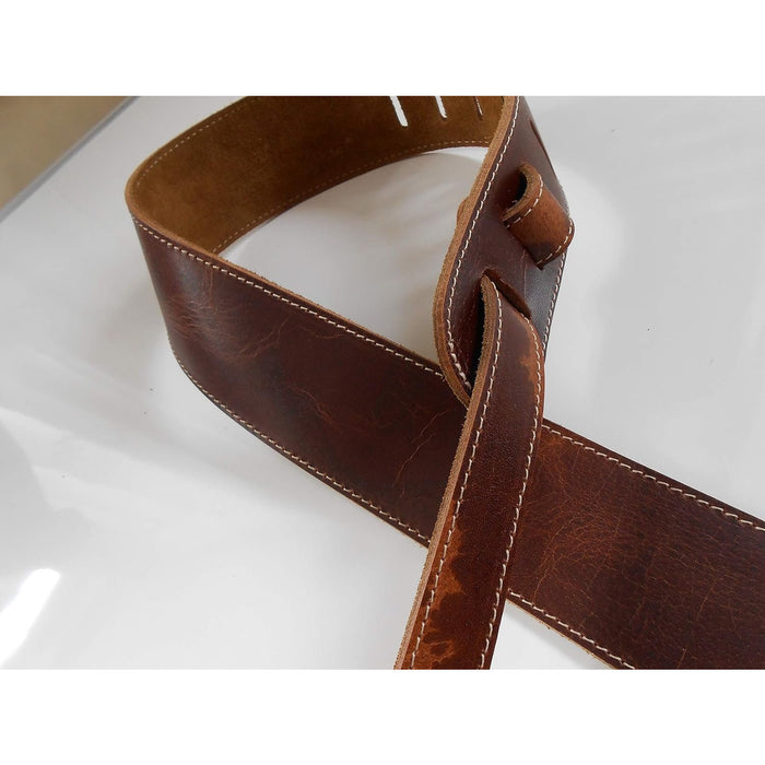 LEATHERGRAFT UK MADE BROWN PRO DELUXE ROAD WORN DISTRESSED LEATHER GUITAR STRAP - ACOUSTIC, ELECTRIC OR BASS GUITAR