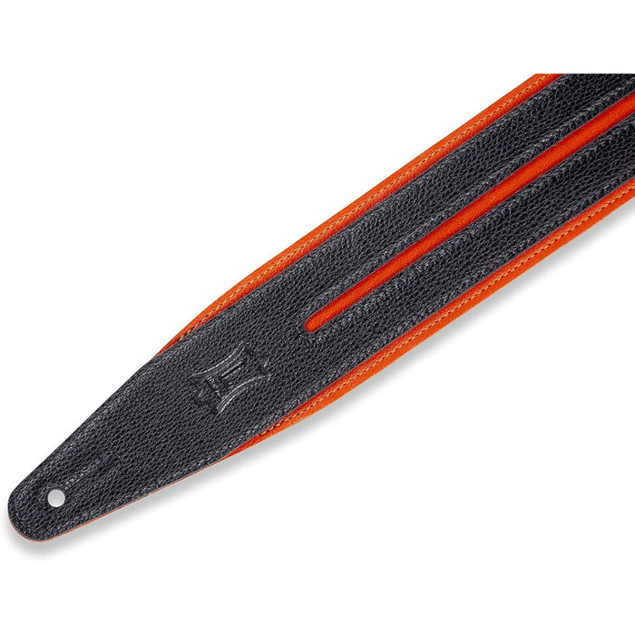 Levy's Leathers 2.5" Garment Leather Guitar Strap Double Racing Stripe Design; Black and Orange (MG317DRS-ORG_BLK)