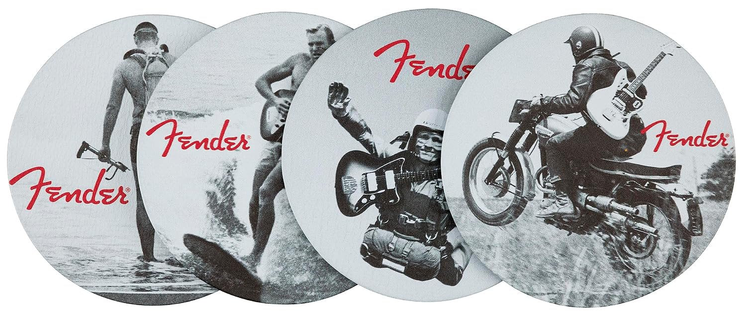 Fender Vintage Ads Leather Drink Coaster Set, 4 Pack, Black and White, Gift for Guitar Fans