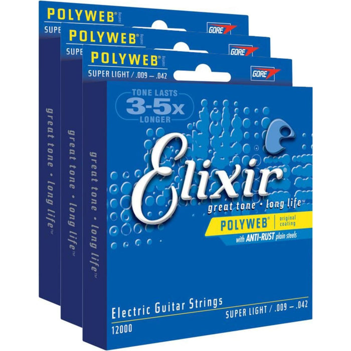 Elixir 12000 Polyweb coated super light electric guitar strings 9-42 (3-Pack)