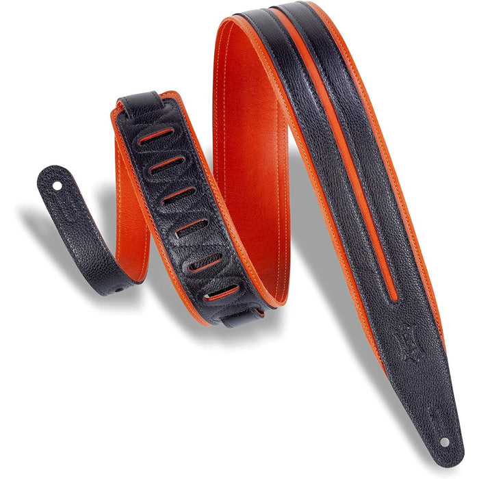 Levy's Leathers 2.5" Garment Leather Guitar Strap Double Racing Stripe Design; Black and Orange (MG317DRS-ORG_BLK)