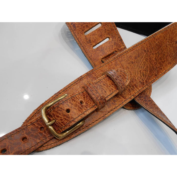 LEATHERGRAFT UK MADE BROWN PRO DELUXE ROAD WORN DISTRESSED LEATHER GUITAR STRAP WITH BUCKLE - ACOUSTIC, ELECTRIC OR BASS GUITAR