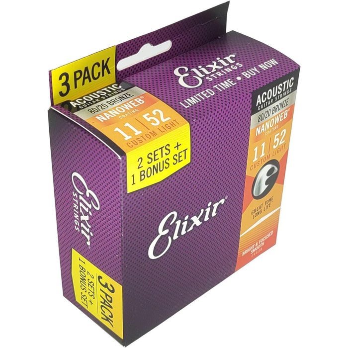 Elixir Strings 80/20 Bronze Acoustic Guitar Strings with Nanoweb Coating - 3-Pack (16538)