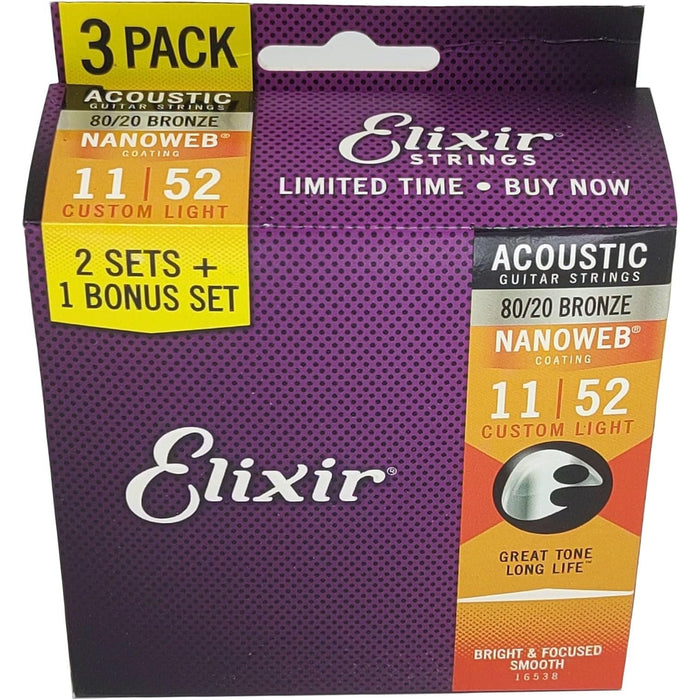 Elixir Strings 80/20 Bronze Acoustic Guitar Strings with Nanoweb Coating - 3-Pack (16538)