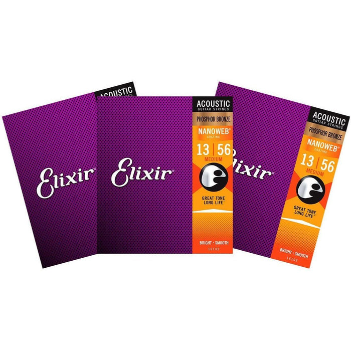 Elixir Phosphor Bronze Nanoweb 16102 Medium 13-56 Acoustic Guitar Strings 3-Pack w/Bonus Elixir Pick