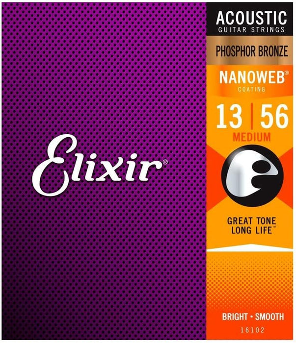 Elixir Phosphor Bronze Nanoweb 16102 Medium 13-56 Acoustic Guitar Strings 3-Pack w/Bonus Elixir Pick