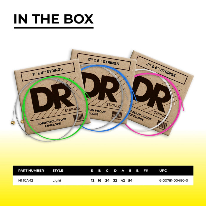 DR Strings Multi-Color Strings Lite Coated Phosphor Bronze Acoustic Guitar Strings, Light NMCA-12
