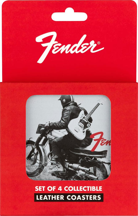 Fender Vintage Ads Leather Drink Coaster Set, 4 Pack, Black and White, Gift for Guitar Fans