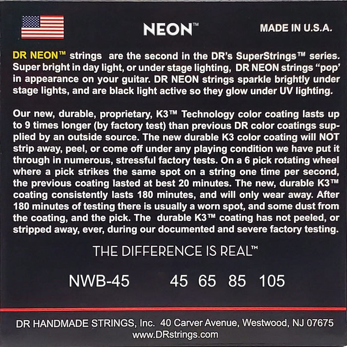 DR Strings Medium Hi-Def Neon White K3 Coated Electric Bass Strings (NWB-45)